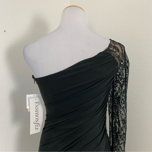 NWT Vintage Aidan Mattox Y2K One Shoulder Lace Sequin Ruched Black Mini Dress - Picture 11 of 17